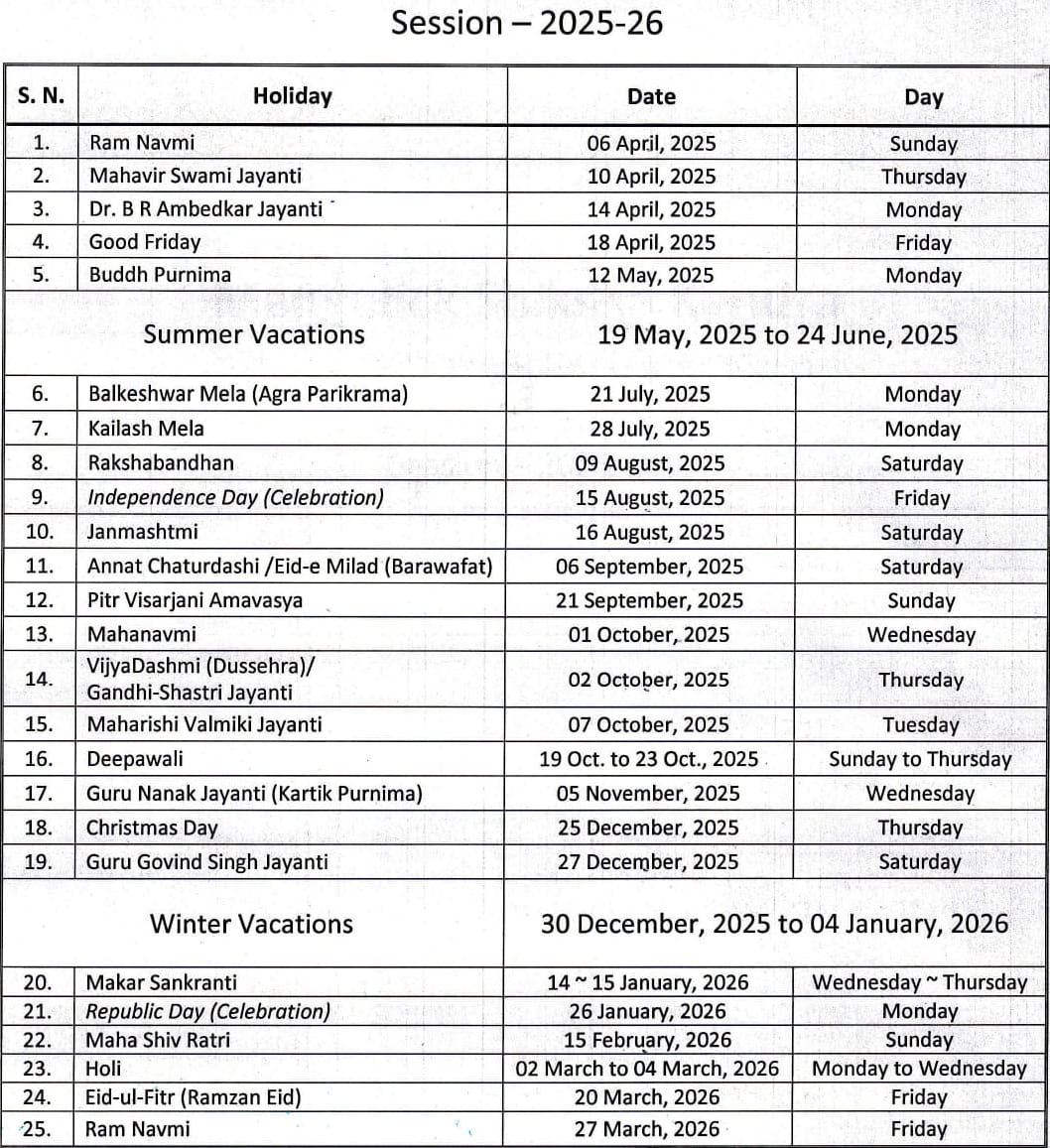 List of Holidays